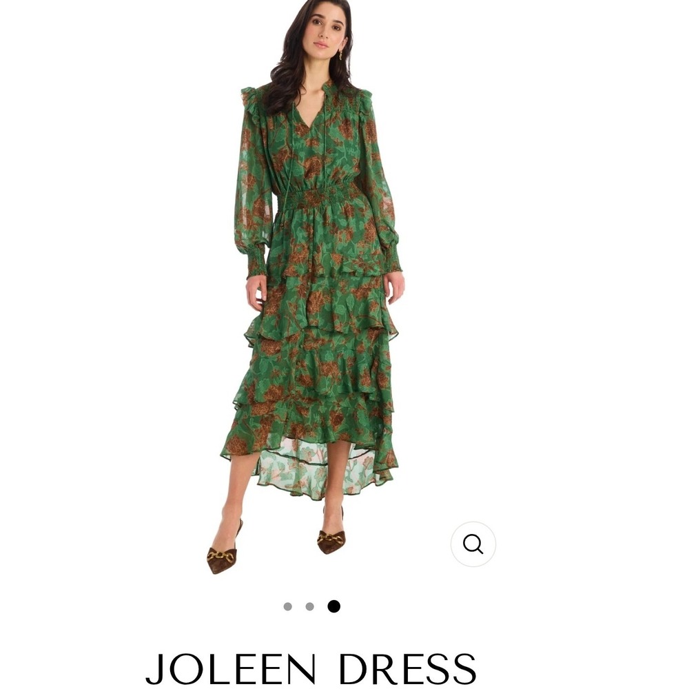Allison New York Joleen Dress Forest Florals Green Metallic Ruffle Midi‎ XS NEW